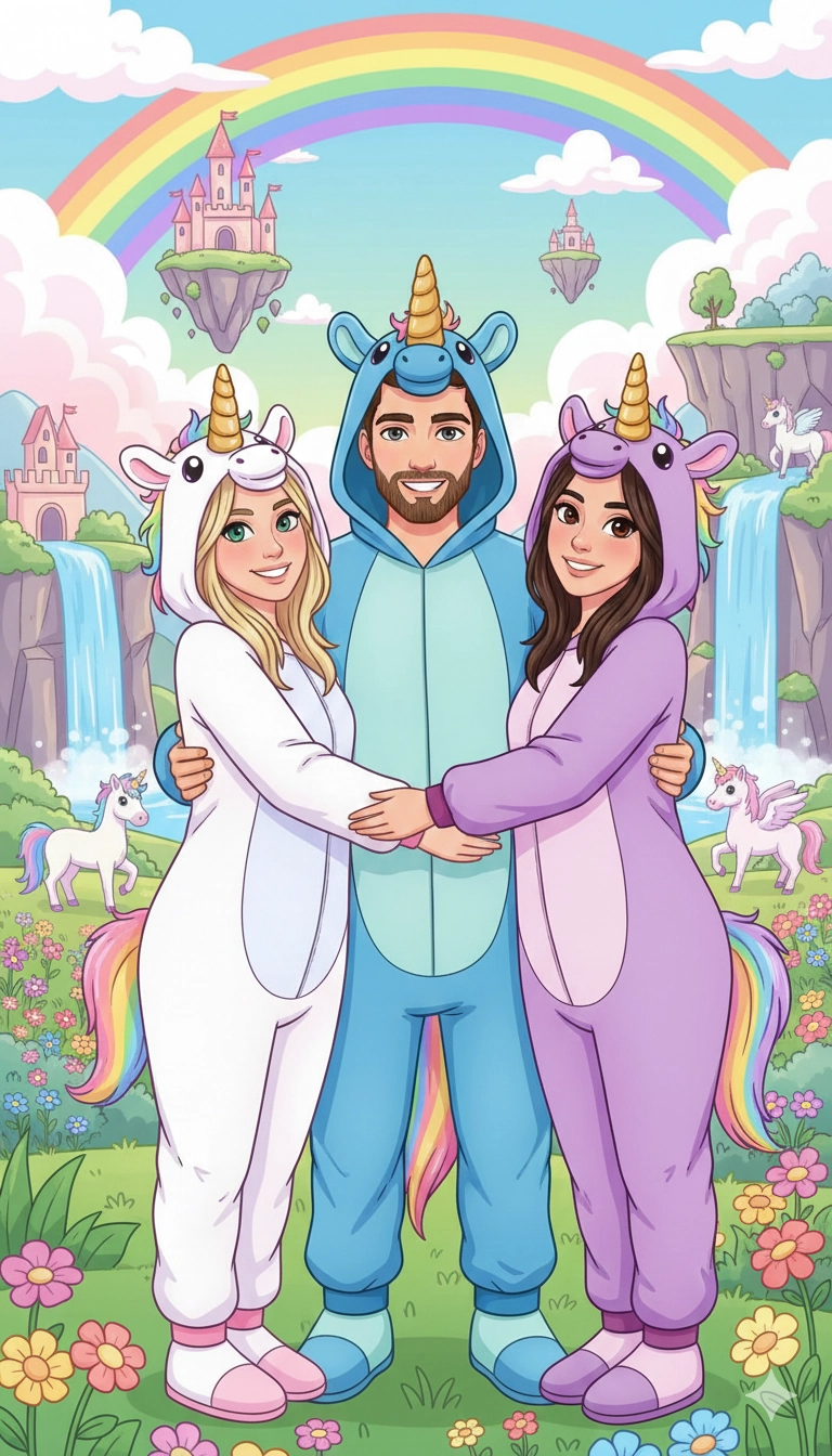 Personalisiertes Familien-Portrait im Cartoon-Stil: Drei Personen in Einhorn-Kostümen vor einer Märchenkulisse, erstellt mit KI von Tempel Design Rostock