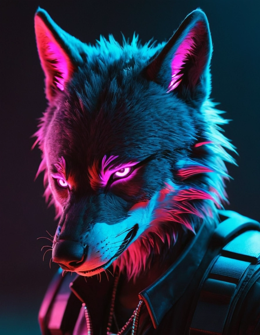 Futuristisches Cyberpunk Design eines Wolfs mit Neon-Beleuchtung in Blau und Pink, erstellt mit KI von Tempel Design Rostock