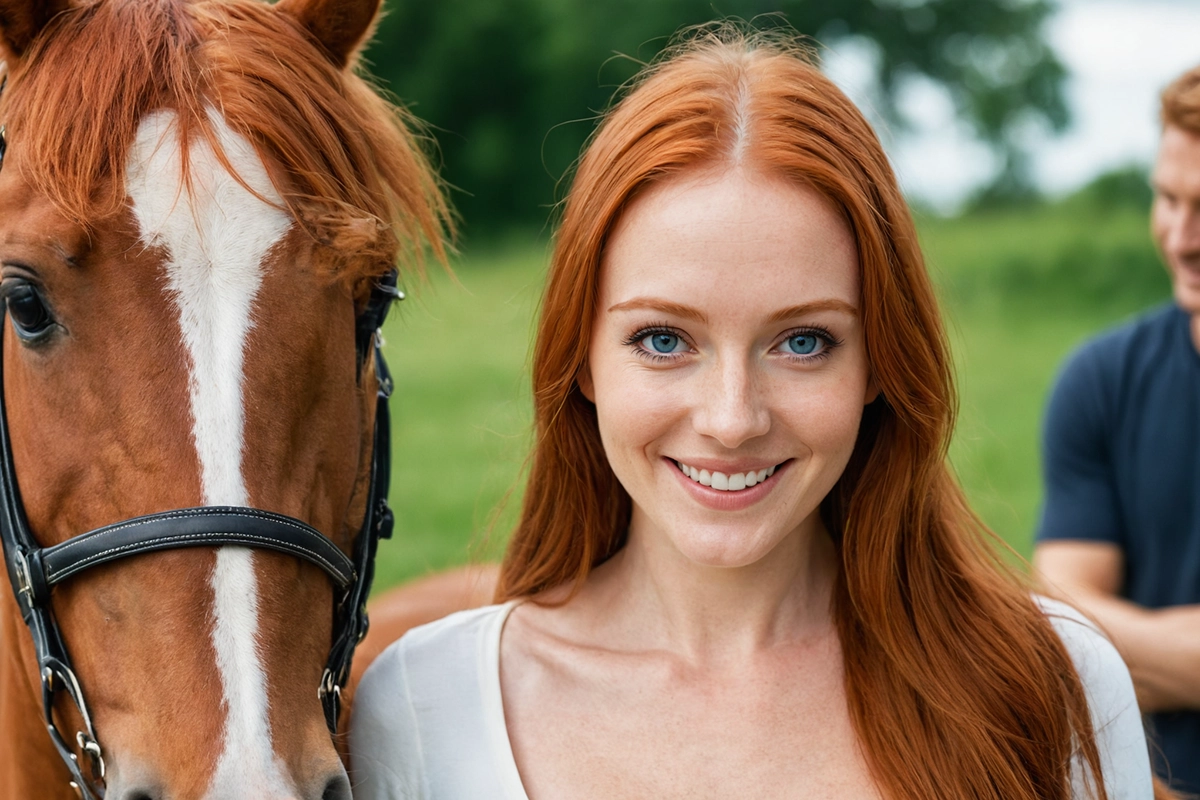 Fotorealistischer KI-Avatar einer rothaarigen Frau mit Pferd, erstellt durch künstliche Intelligenz von Tempel Design in Rostock