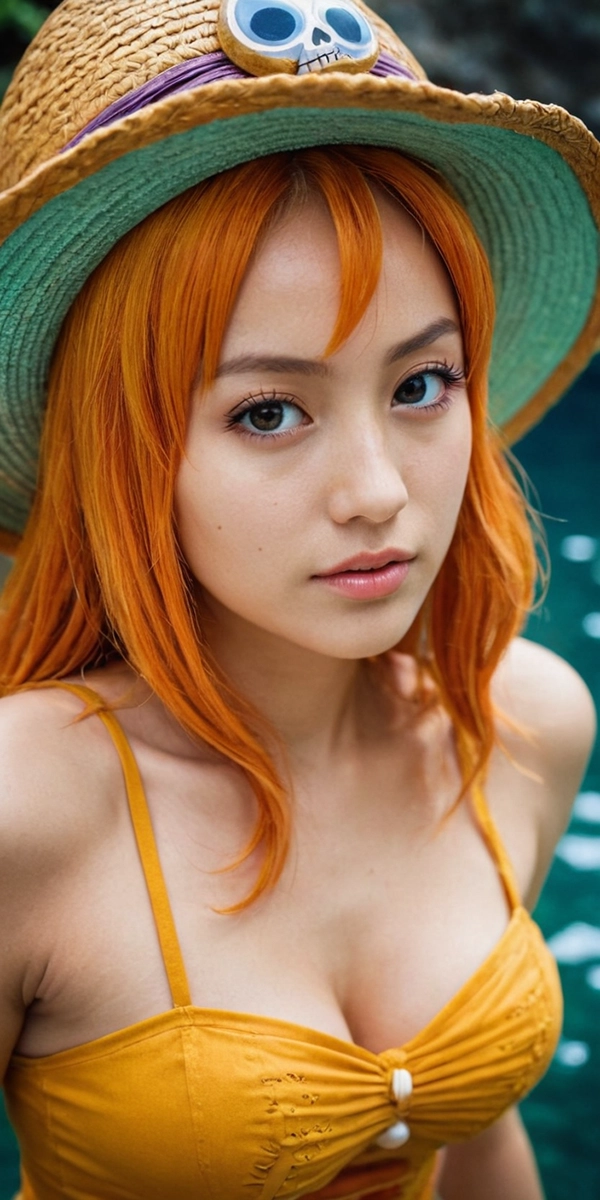 Fotorealistische KI-Generierung eines Cosplays von Nami aus One Piece, erstellt von Tempel Design in Rostock