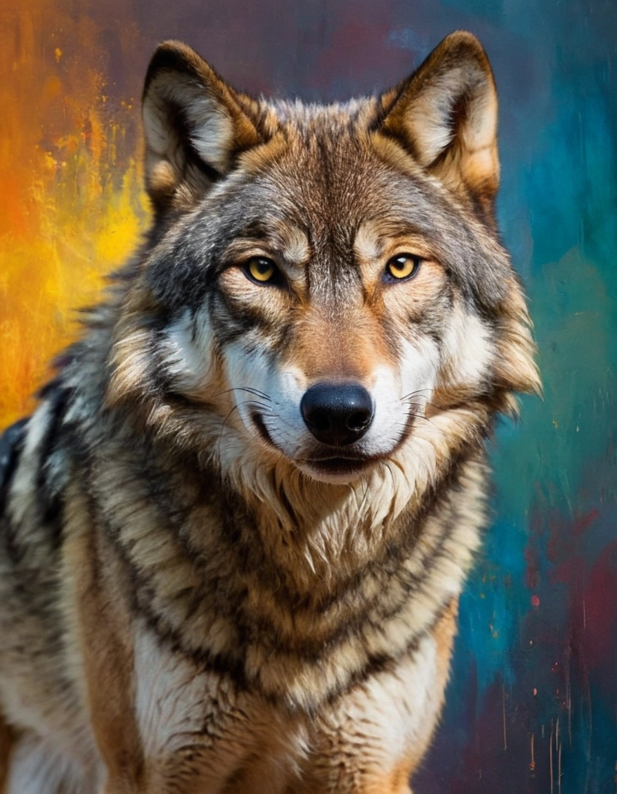 Künstlerisches Portrait eines Wolfes im Stil der Digitalmalerei mit buntem Hintergrund, erstellt mit KI von Tempel Design Rostock